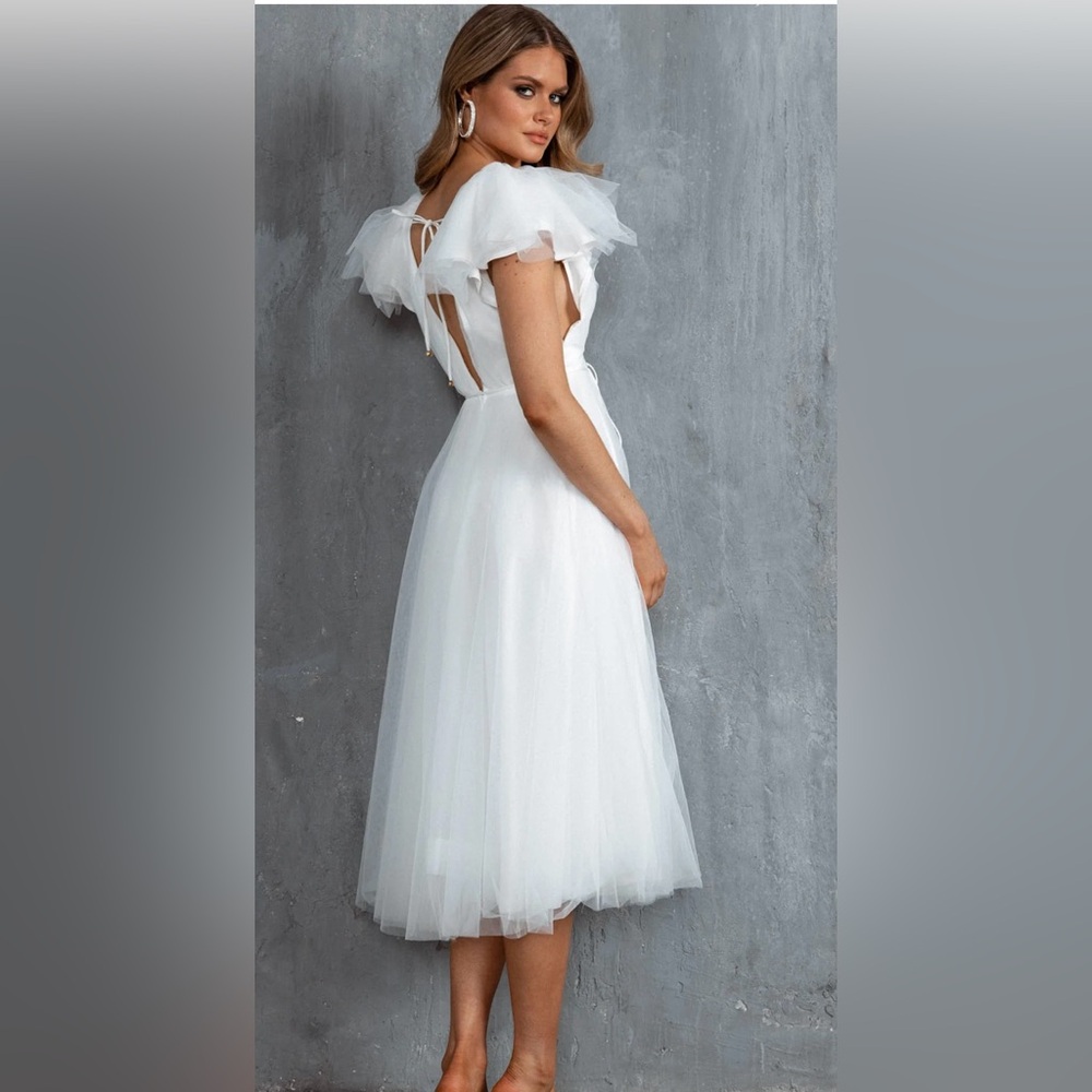 Selfie Leslie Leap Of Faith Frill Shoulder Tulle Midi Dress White XL NWT
